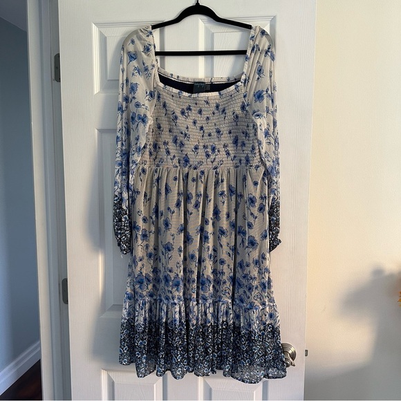 Size 14 Gabby Skye Blue Floral Mesh Smocked Babydoll Dress - Picture 2 of 6